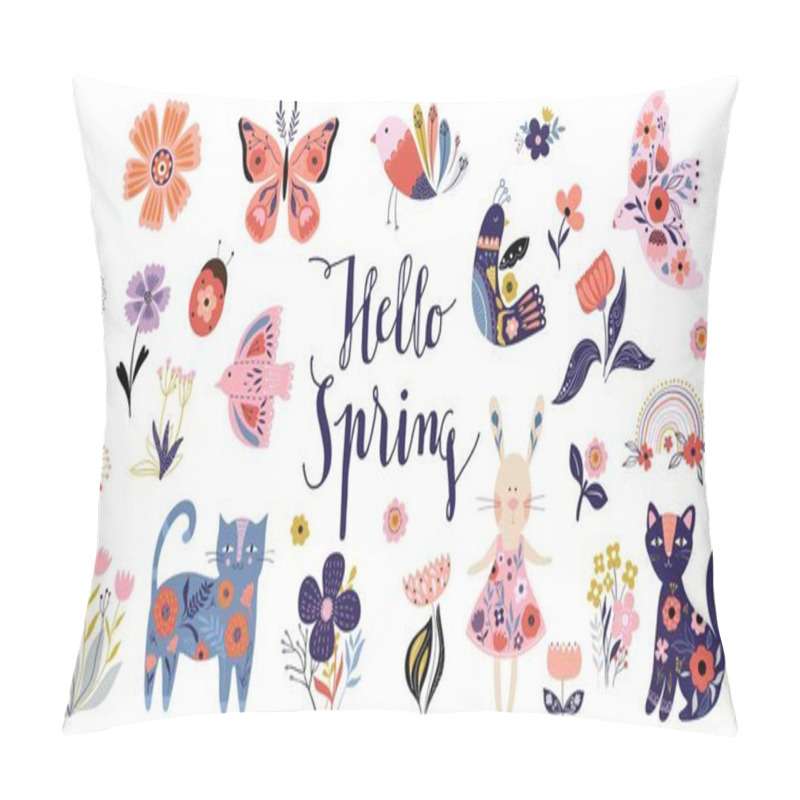 Personality  Hello Spring Collection With Decorative Elements, Folk Style, Seasonal Floral Design Pillow Covers