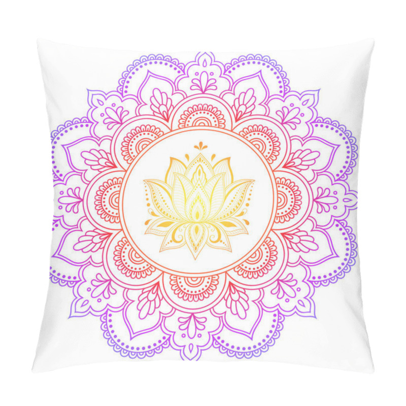 Personality  Circular Pattern In Form Of Mandala With Lotus Flower For Henna, Mehndi, Tattoo, Decoration. Decorative Ornament In Ethnic Oriental Style. Rainbow Pattern On White Background. Pillow Covers