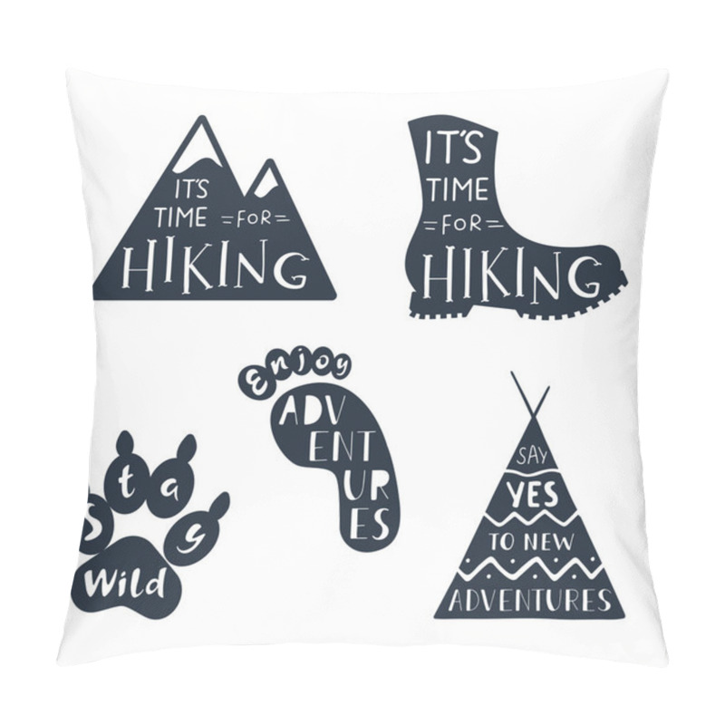 Personality  Traveling Labels With Hand Drawn Inspirational Quotes About Hiking And Adventure. Pillow Covers