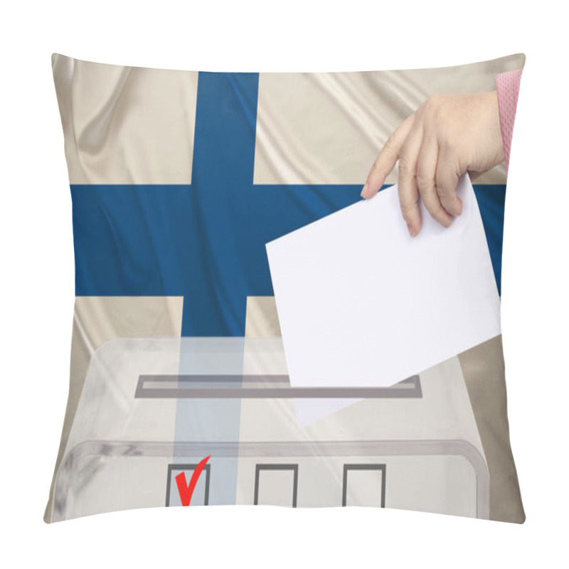 Personality  Female Voter Lowers The Ballot In A Transparent Ballot Box Against The Background Of The National Flag Of Finland, Concept Of State Elections, Referendum Pillow Covers