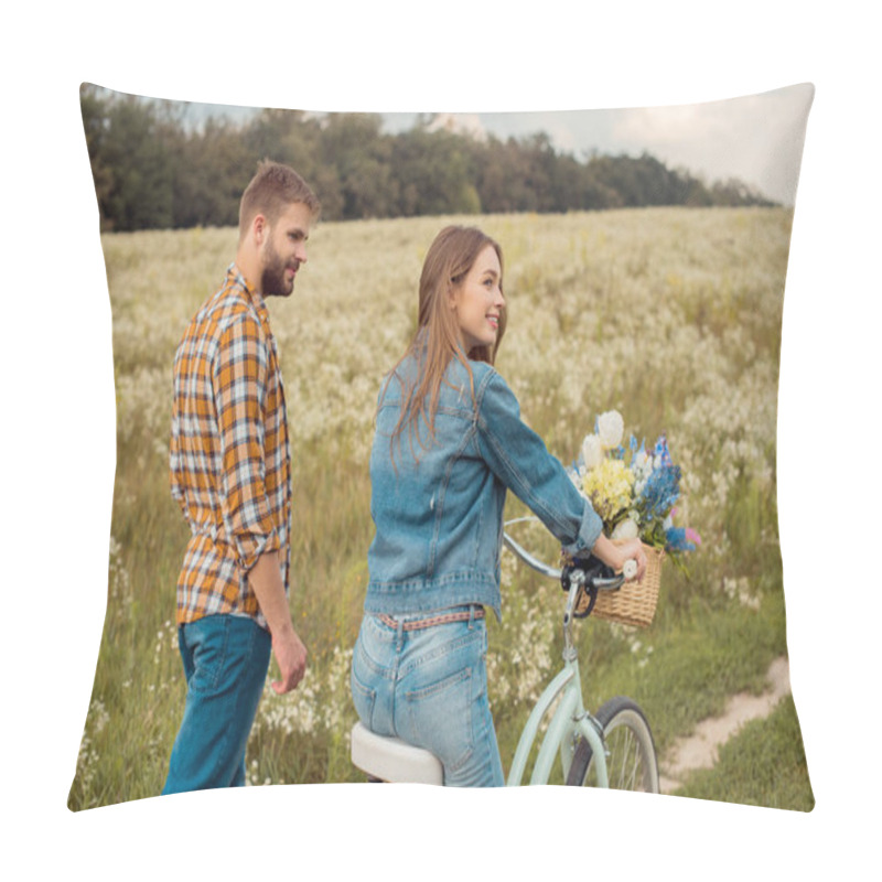 Personality  Side View Of Young Lovers With Retro Bicycle In Field With Wild Flowers Pillow Covers