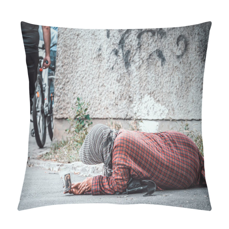 Personality  Old Senior Poor Woman With Her Face Down On The Side Walk. Beggar In The Center Of Bucharest, Romania Pillow Covers