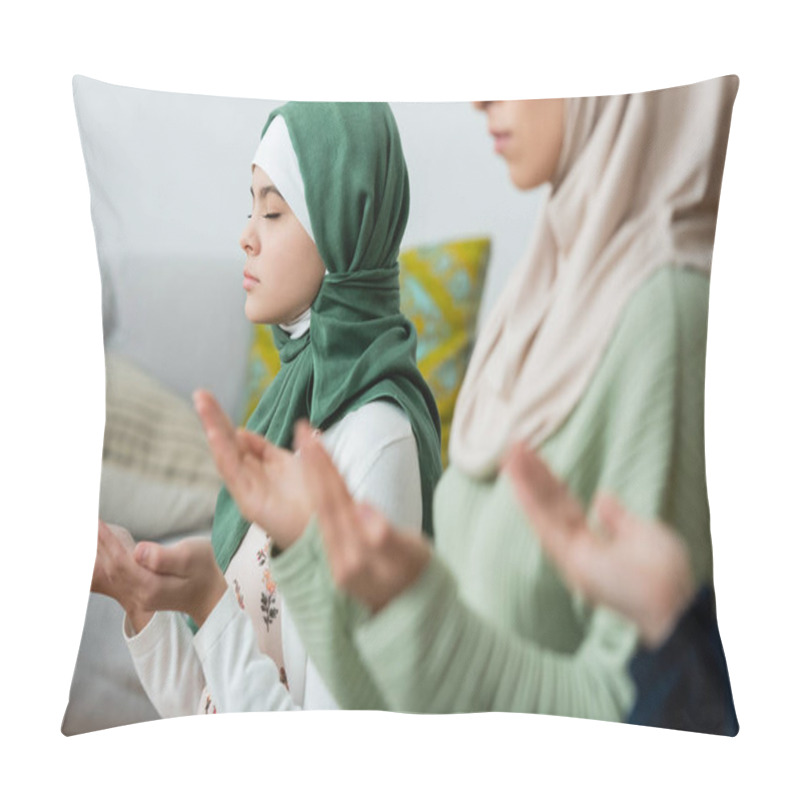 Personality  Preteen Child In Hijab Praying Near Parent At Home  Pillow Covers