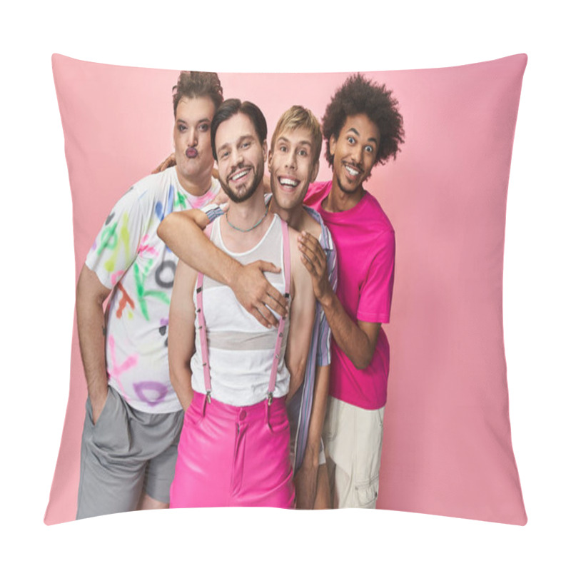 Personality  Friends In Vibrant Outfits Embrace Joy And Pride Against A Pink Background. Pillow Covers