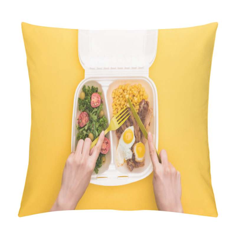 Personality  Cropped View Of Woman Eating From Eco Package With Corn, Meat, Fried Eggs And Salad Isolated On Yellow  Pillow Covers