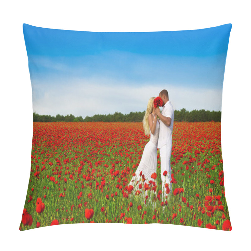 Personality  Loving Couple With Big Flowers Bouquet In White Cloth Kiss And Hug In Beautiful Poppy Field During Romantic Date. People In Wild Nature Horizontal Background With Bright Blue Sky. Pillow Covers