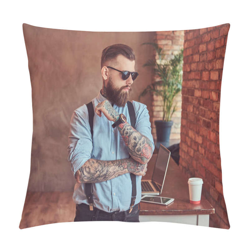 Personality  Old-fashioned Tattooed Hipster Wearing A Shirt And Suspenders, In A Sunglasses, Standing With Crossed Arms Near A Desk With A Laptop, Looking Out The Window In An Office With Loft Interior. Pillow Covers