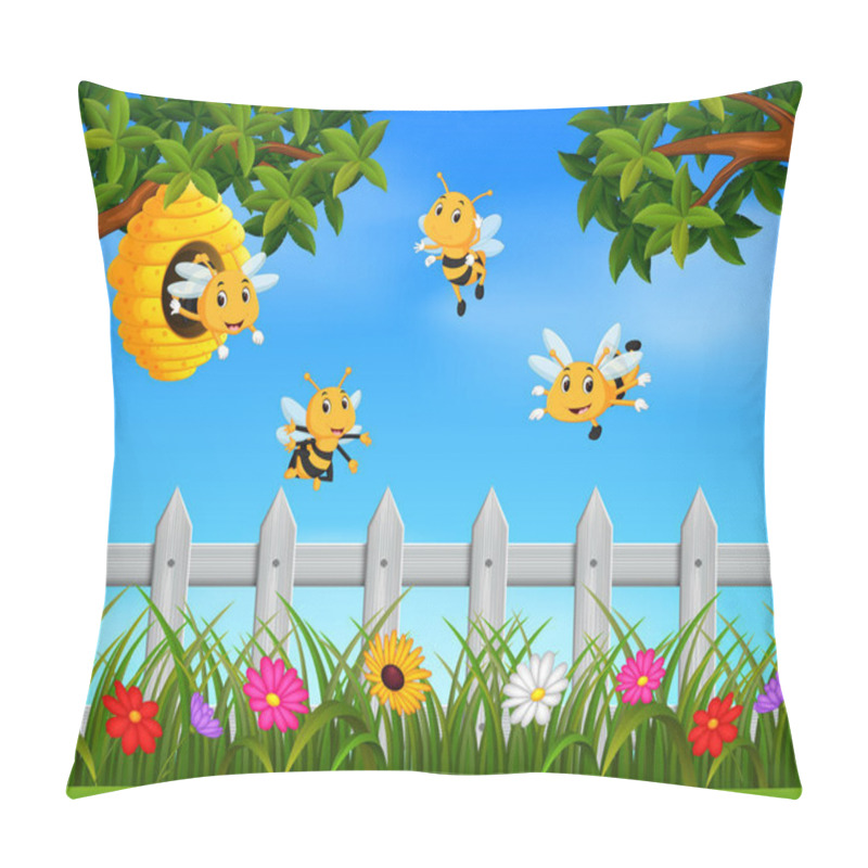 Personality  Illustration Of Bee Flying Around A Beehive In The Garden Pillow Covers