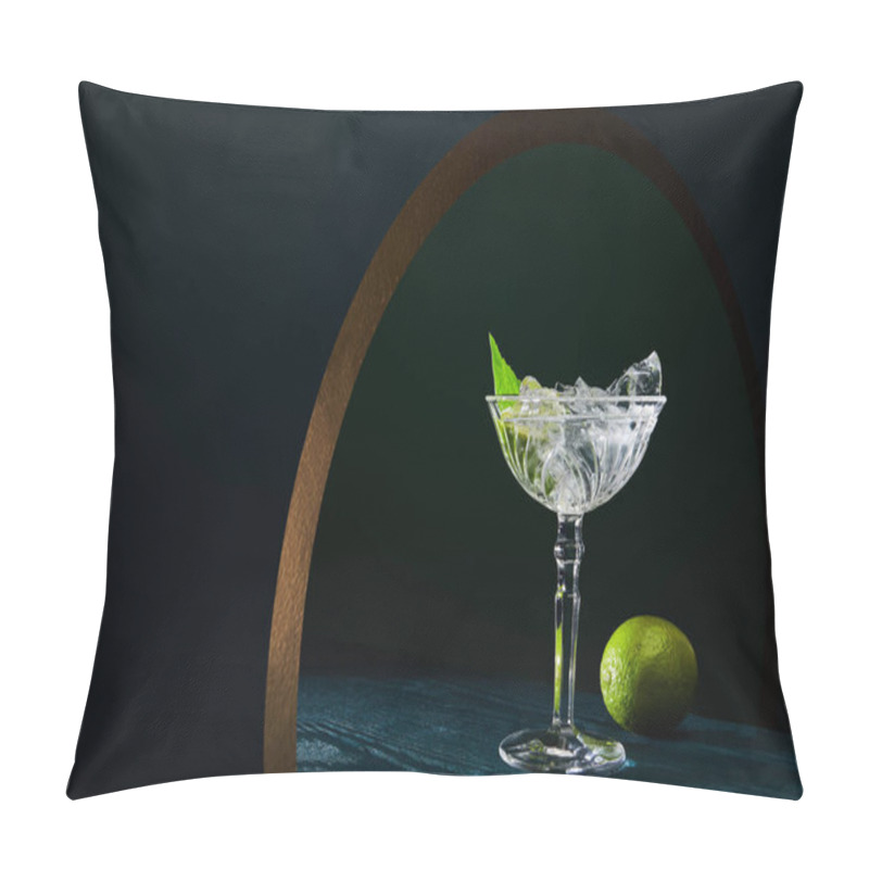 Personality  Cocktail Glass With Ice, Mint Leaf And Whole Lime On Blue Wooden Surface On Background With Golden Circle Pillow Covers