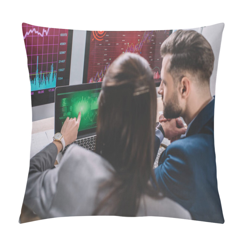 Personality  Selective Focus Of Data Analysts Working With Graphs On Computer Monitors At Table Pillow Covers