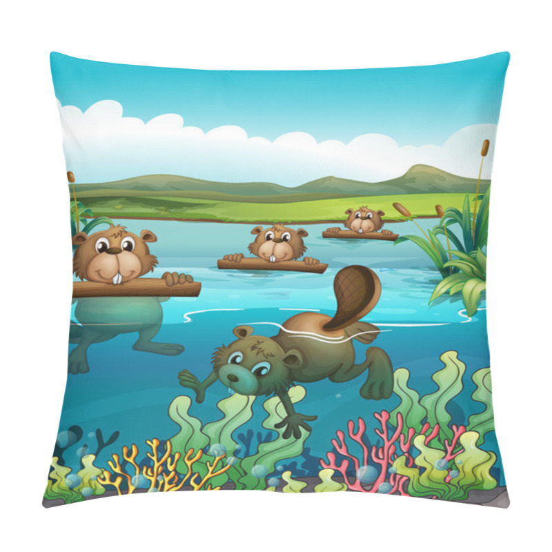 Personality  Four Beavers Playing In The River Pillow Covers