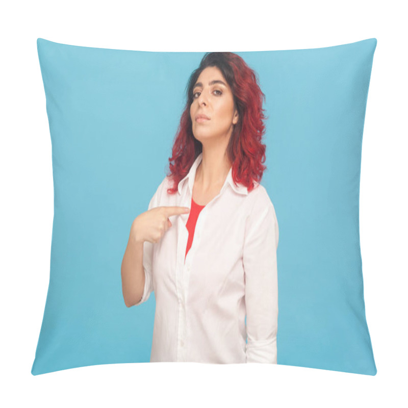 Personality  I'm The Best! Portrait Of Egoistic Hipster Woman With Fancy Red Hair Pointing Herself, Looking With Arrogance, Feeling Confident And Self-important. Indoor Studio Shot Isolated On Blue Background Pillow Covers