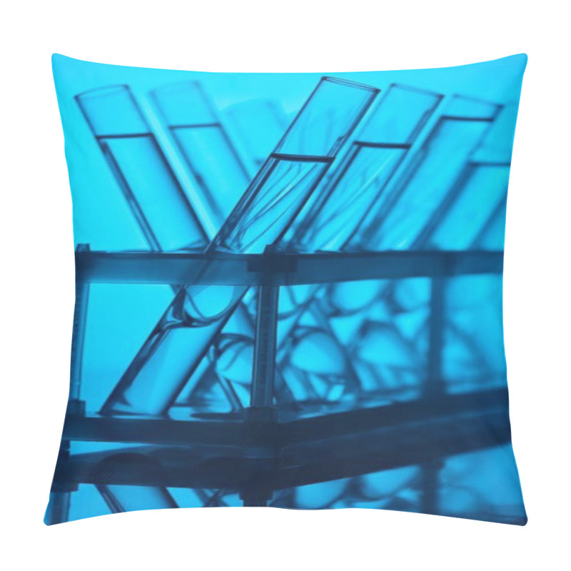 Personality  Glass Tubes With Liquid On Stand In Chemical Laboratory On Blue Pillow Covers