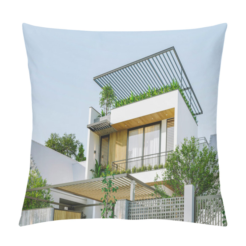 Personality  A Modern Duplex House Exterior Design With A Flat Roof And A Large Balcony With Plants On It. Pillow Covers