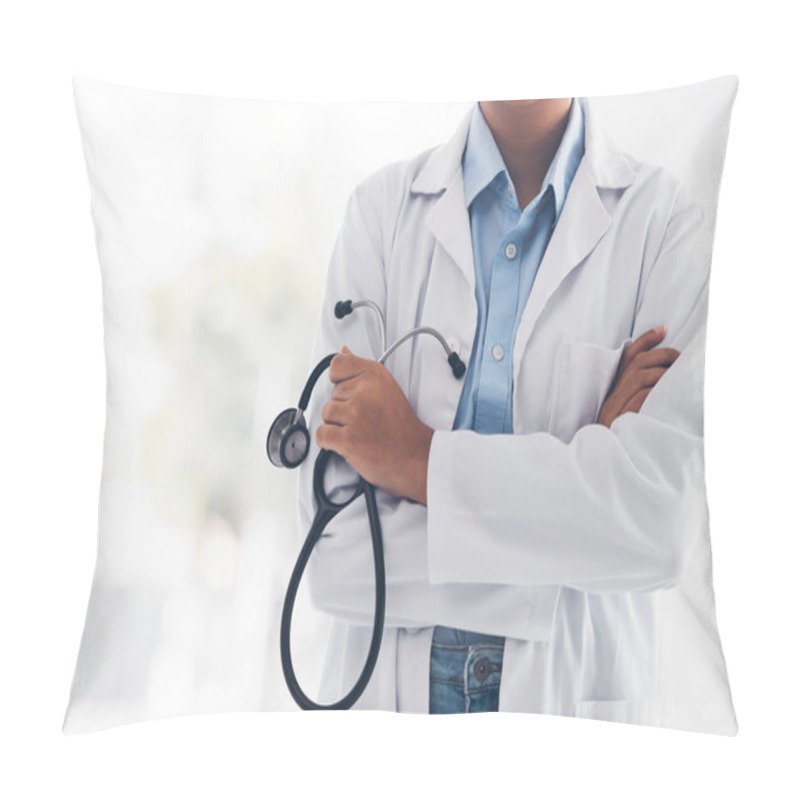 Personality  Doctor Hands, Arms Crossed And Person With Stethoscope For Healthcare Commitment, Lung Support Or Cardiovascular Help. Closeup, Cardiology Tools Or Medical Expert, Surgeon Or Nurse For Health Service. Pillow Covers