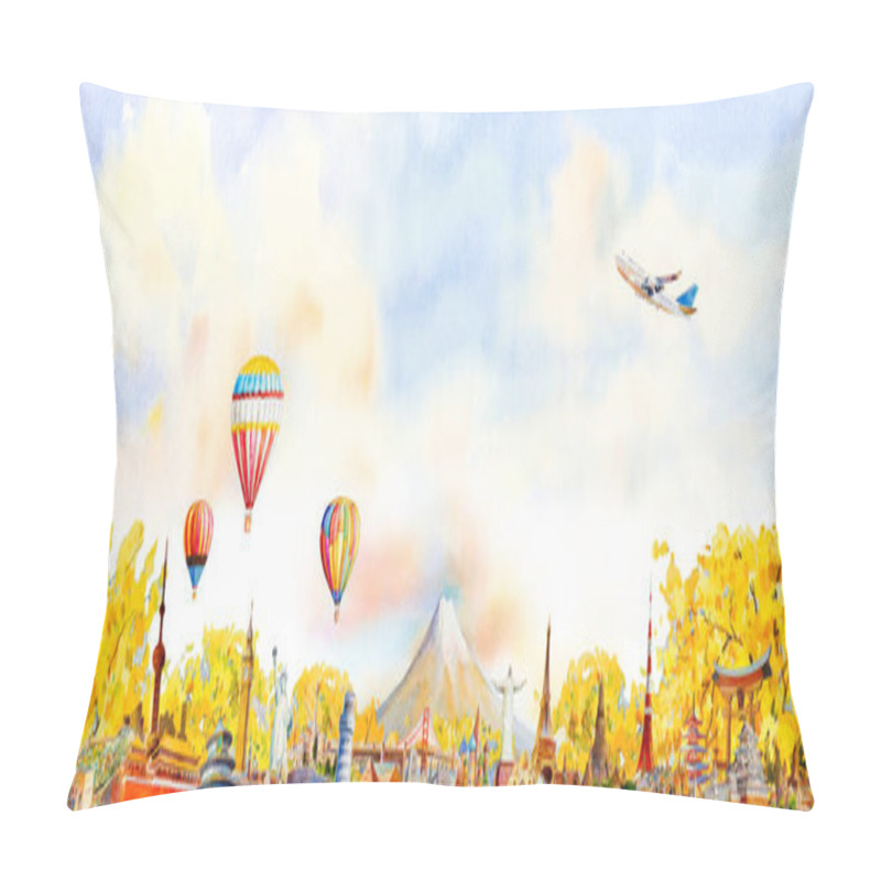 Personality  Travel Autumn Season Festival Famous Landmarks In The World Of Europe, Asia And America. Watercolor Landscape Painting Illustration With Airplane, Hot Air Balloon, Tourist Or Advertising Background. Pillow Covers