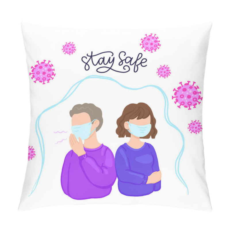 Personality  COVID-19 Wuhan Novel Coronavirus 2019-nCoV, Woman And Man In Shirt With Blue Medical Face Mask. Concept Of Coronavirus Quarantine, Stay Safe Inscription. Pillow Covers