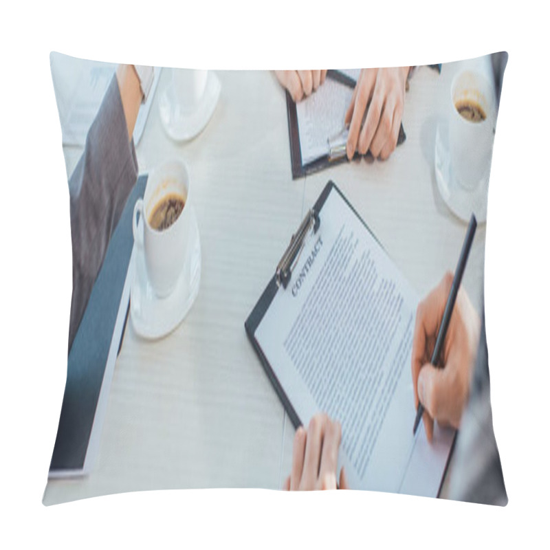 Personality  Panoramic Shot Of Businesspeople With Contract And Coffee Cups On Meeting In Office Pillow Covers