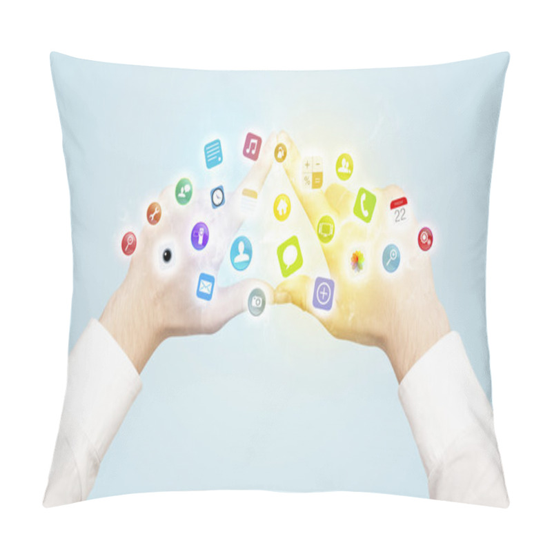 Personality  Hands Creating A Form With Mobile App Icons Pillow Covers