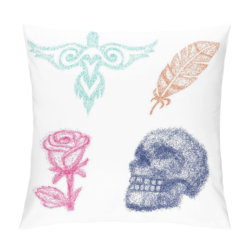 Personality  Dot Work Vector Dotted Rose Or Skull With Tone And Graphic Firebird Or Feather In Point Illustration Set Of Dotwork Art Isolated On White Background Pillow Covers