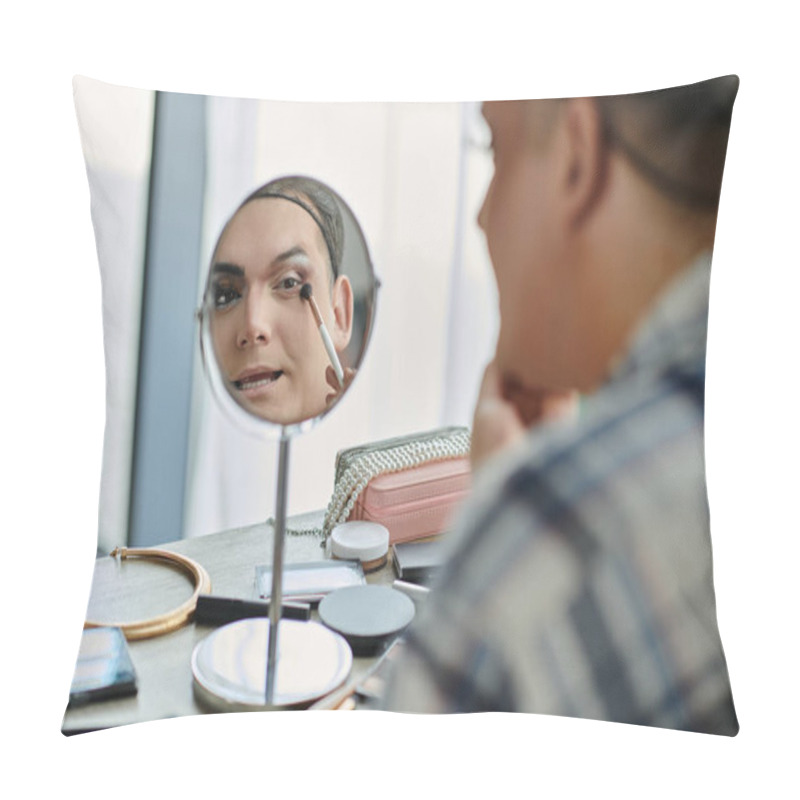 Personality  A Queer Person Applies Makeup In A Mirror. Pillow Covers