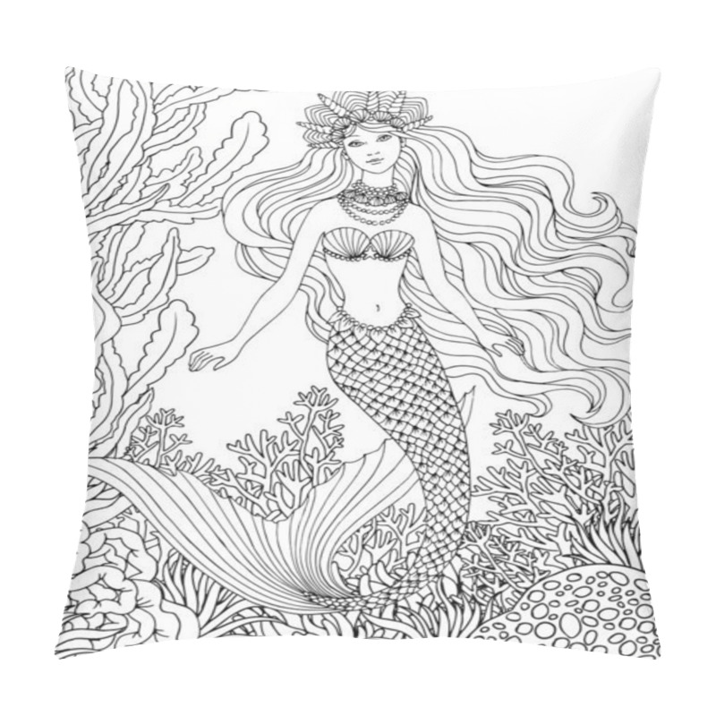 Personality  Mermaid And Undersea Flora, Hand Drawn Linen Vector Illustration On A White Background For Coloring Book. Pillow Covers