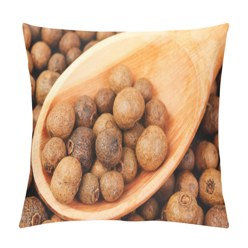 Personality  Background Texture Of Whole Allspice(jamaica Pepper) With Wooden Spoon Used As A Spice In Cuisines All Over The World. Also Used In Medicine. Pillow Covers