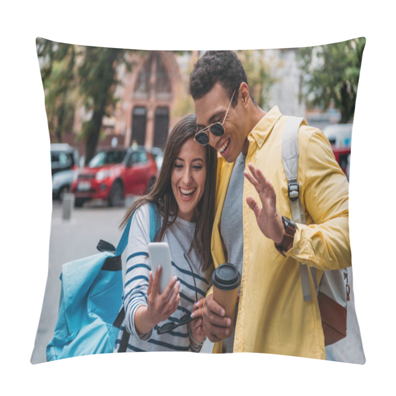 Personality  Bi-racial Man With Paper Cup Waving Hand Near Woman Tacking Selfie On Smartphone Pillow Covers