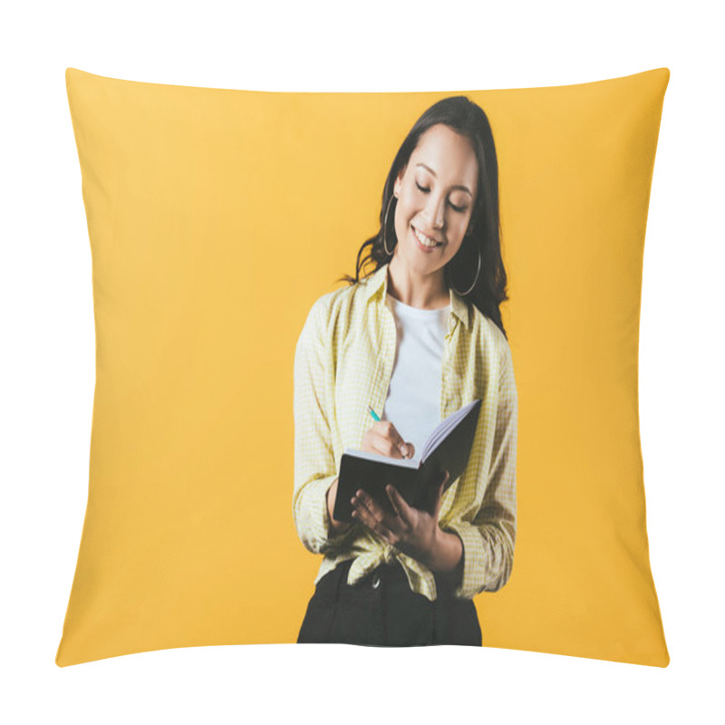 Personality  Attractive Asian Girl Writing In Notebook With Pen, Isolated On Yellow  Pillow Covers