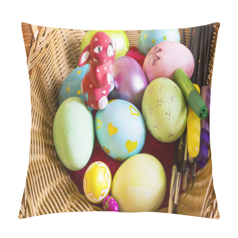 Personality  Easter Eggs In Braided Basket With Rabbit, Tassels And Liquid Pillow Covers