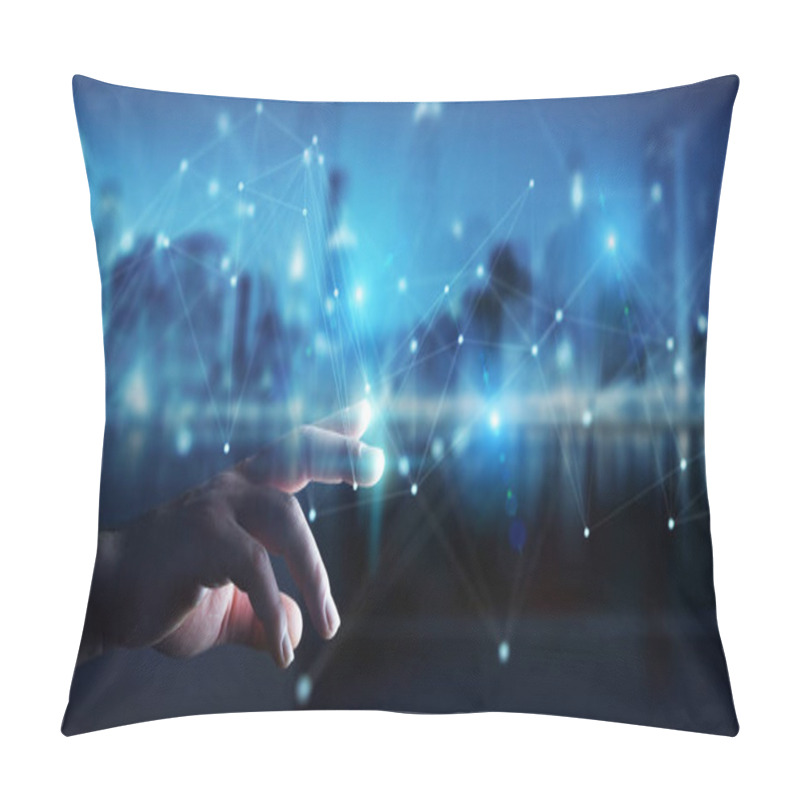 Personality  Businessman Using Futuristic Connection Interface 3D Rendering Pillow Covers