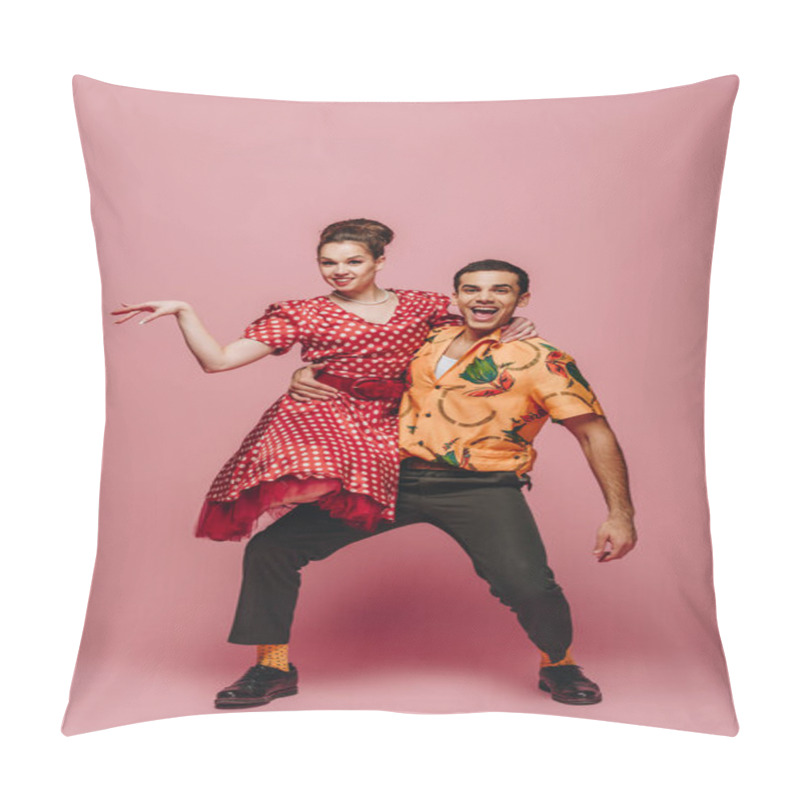 Personality  Stylish Dancer Holding Woman While Dancing Boogie-woogie On Pink Background Pillow Covers