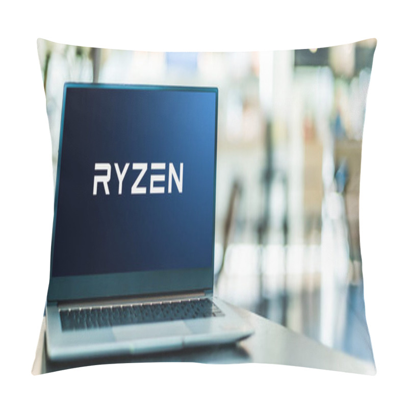 Personality  POZNAN, POL - APR 15, 2021: Laptop Computer Displaying Logo Of Ryzen, A Brand Of X86-64 Microprocessors Designed And Marketed By Advanced Micro Devices (AMD) Pillow Covers