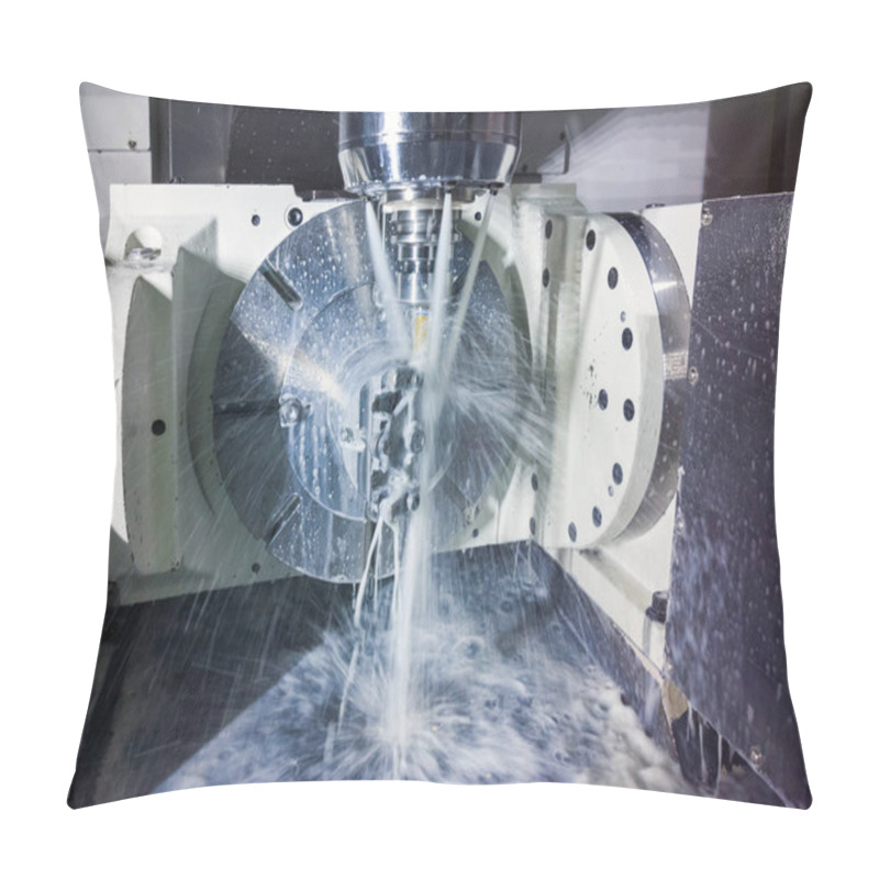 Personality  5-axis Cnc Milling Machine At Work With Coolant Under Pressure And Motion Blur Of Streams.. Pillow Covers