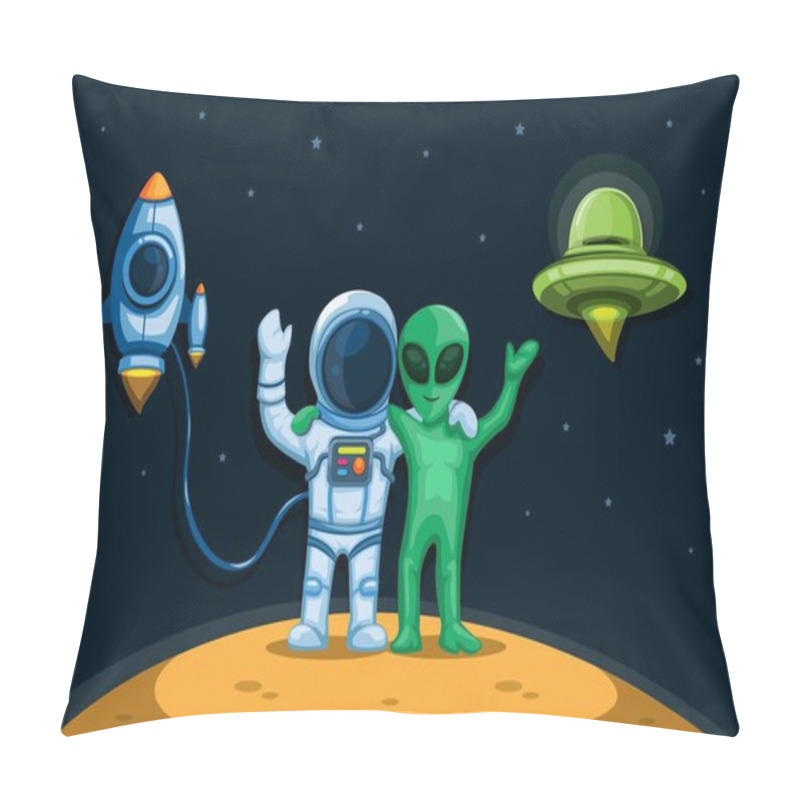 Personality  Astronaut With Alien Friendship Standing On Planet With Spaceship And Ufo Concept In Cartoon Illustration Vector Pillow Covers