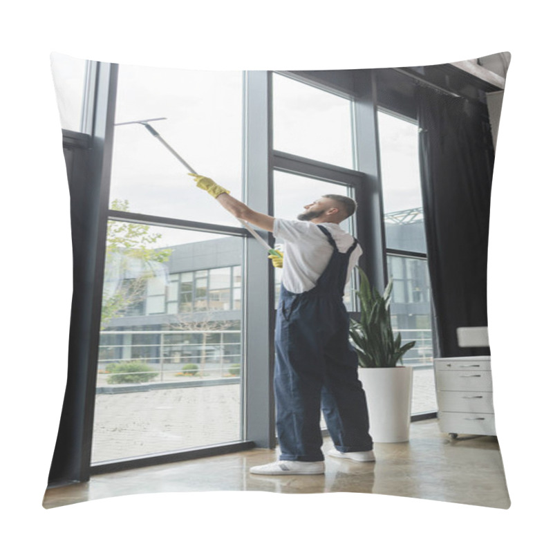 Personality  Full Length Of Man In Overalls Washing Windows In Office Pillow Covers