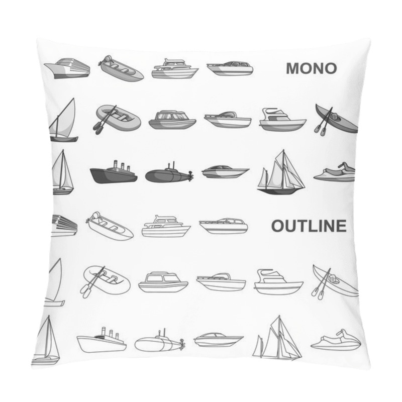 Personality  Water And Sea Transport Monochrom Icons In Set Collection For Design. A Variety Of Boats And Ships Vector Symbol Stock Web Illustration. Pillow Covers