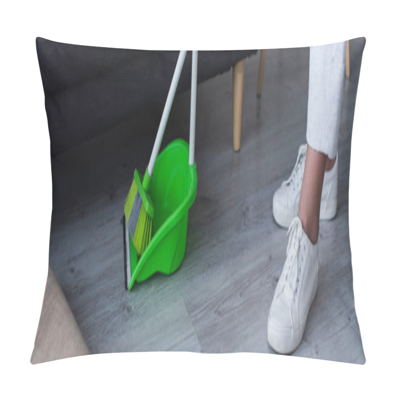 Personality  Broom And Scoop Near Cropped Woman In White Sneakers, Banner Pillow Covers