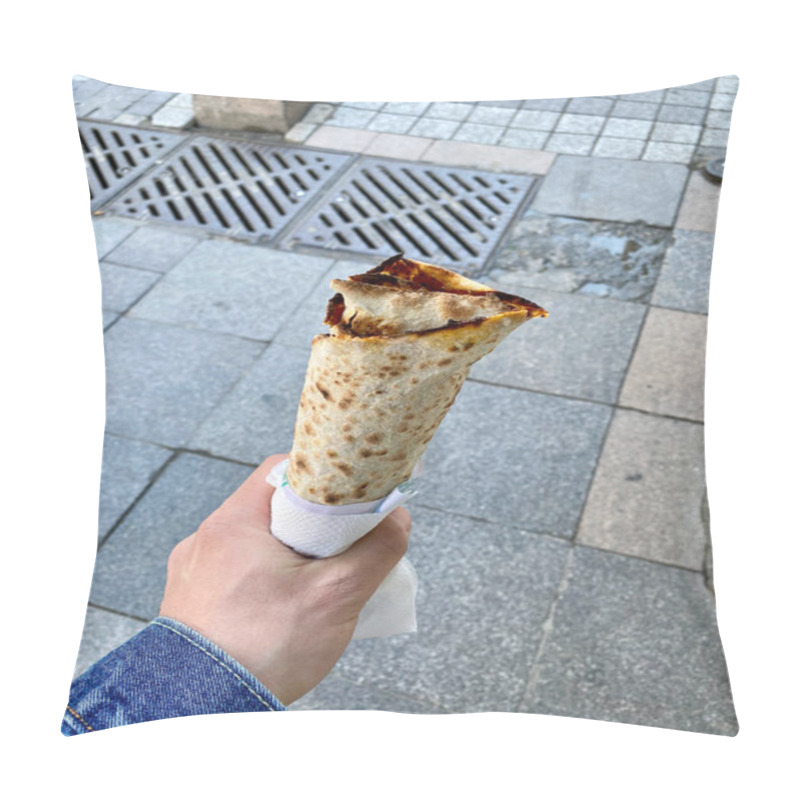 Personality  Traditional Turkish Street Food Lahmacun Holding In Hand. Ready To Eat. Pillow Covers