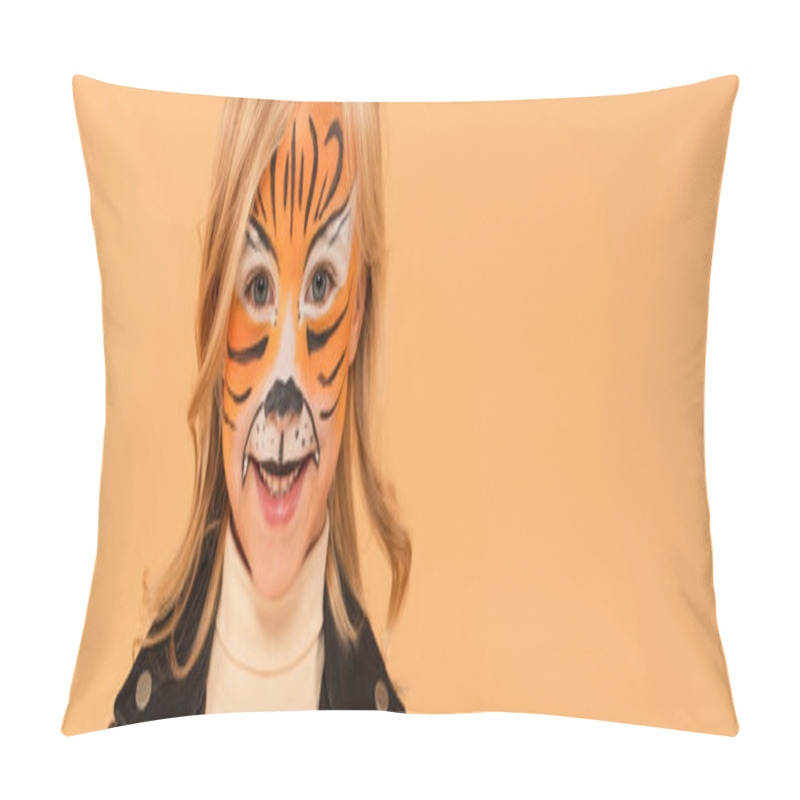 Personality  Pleased Girl In Tiger Makeup Smiling At Camera Isolated On Beige, Banner Pillow Covers