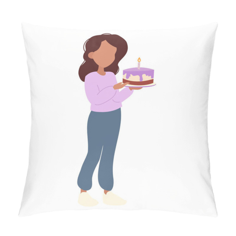 Personality  Birthday Celebration, Illustration Of Woman Holding Cake. Vector Illustration Pillow Covers