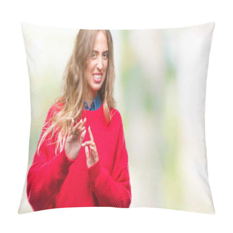 Personality  Beautiful Young Blonde Woman Wearing Winter Sweater Over Isolated Background Disgusted Expression, Displeased And Fearful Doing Disgust Face Because Aversion Reaction. With Hands Raised. Annoying Concept. Pillow Covers