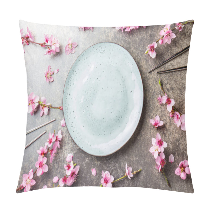 Personality  Chopsticks And Sakura Branches On Gray Stone Background. Japanese Food Concept. Top View, Copy Space Pillow Covers