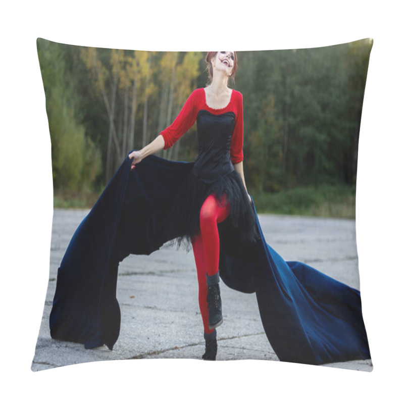 Personality  A Cheerful, Beautiful Young Woman In Motion, Wearing Red And Black Clothes With A Blue Cape: A Play Of Colors And Halloween Fun Pillow Covers