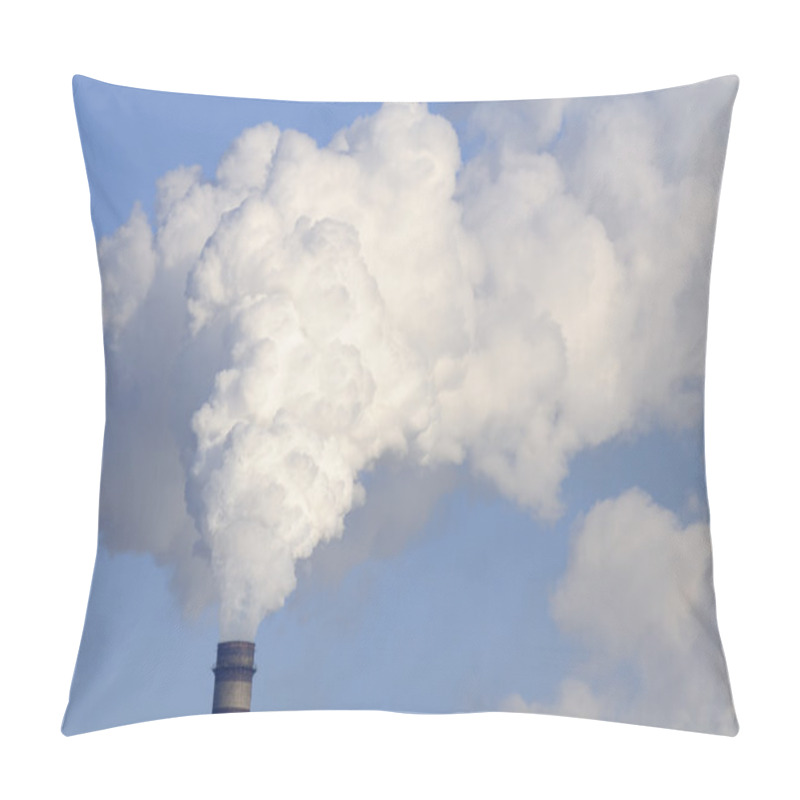 Personality  Industrial Smokestack With Heavy Smoke On Blue Sky Background Pillow Covers