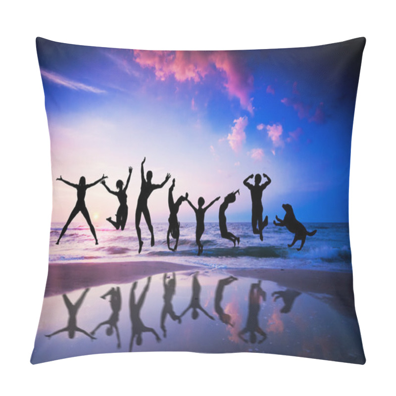 Personality  And Dog Jumping On The Beach. Happiness Pillow Covers