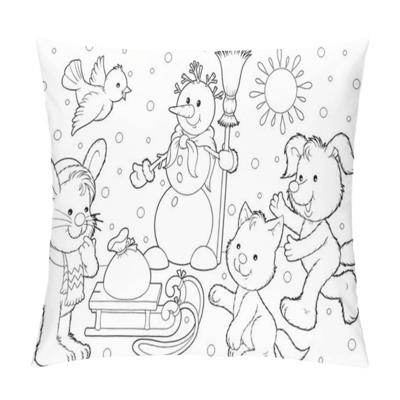 Personality  Winter Snowman And Animals By A Sled. Pillow Covers