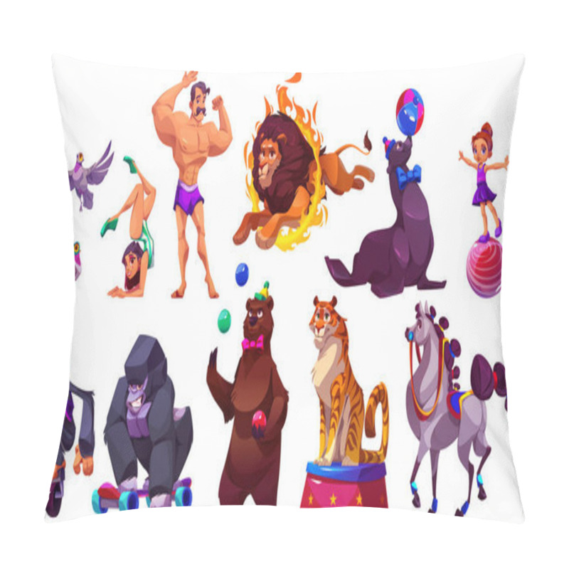 Personality  Circus Carnival Character Illustration Vector Set. Acrobat, Juggler, Bear With Ball, Girl Balance And Lion Fire Performance Artist Icon Isolated On Background. Cirque Amusement Funny People And Animal Pillow Covers