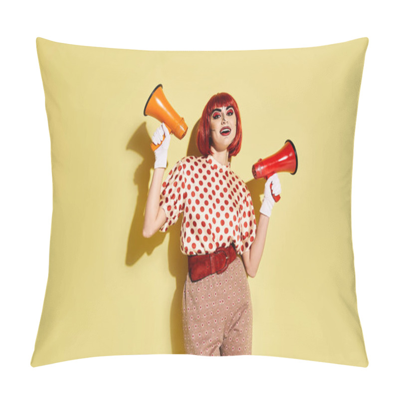 Personality  A Redhead Woman With Pop Art Makeup Holds Two Vibrant Megaphones Against A Yellow Background. Pillow Covers