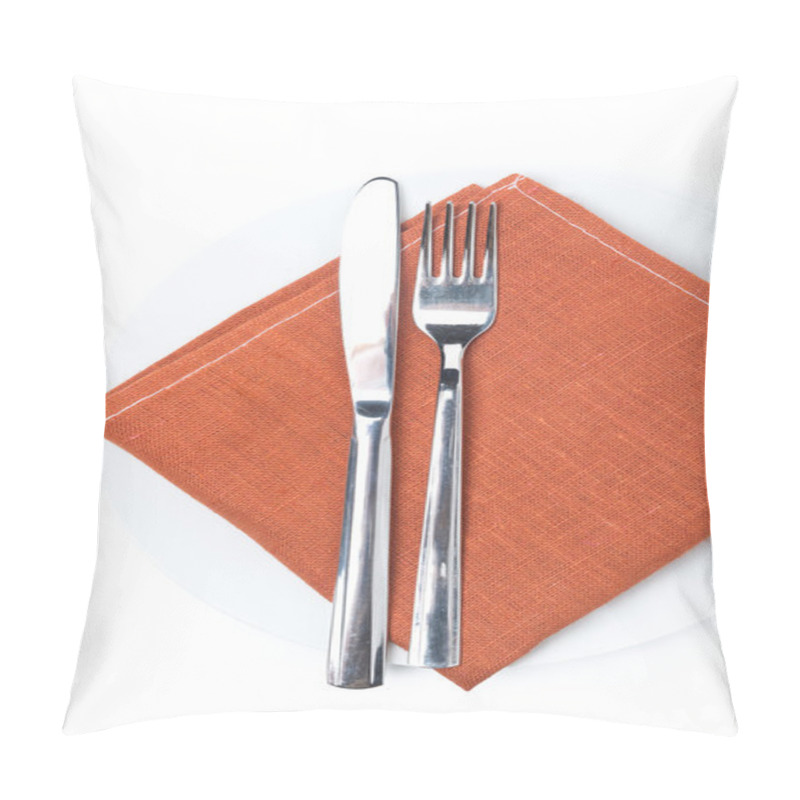 Personality  Serving - Fork, Knife And Napkin On A Plate, Isolated, Top View Pillow Covers